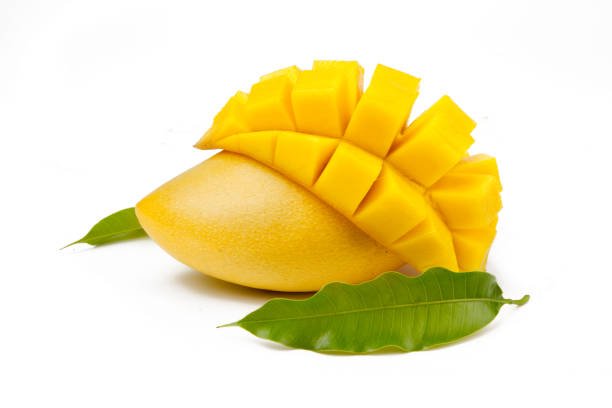 Mango fruit and leaf isolated white background. Mango juice, ice cream and shake and smoothie drink concept.