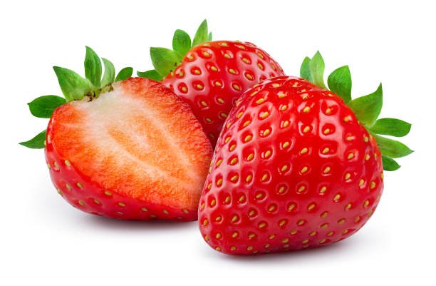 Strawberries isolated. Strawberry whole and a half on white background. Strawberry slice. With clipping path. Full depth of field.